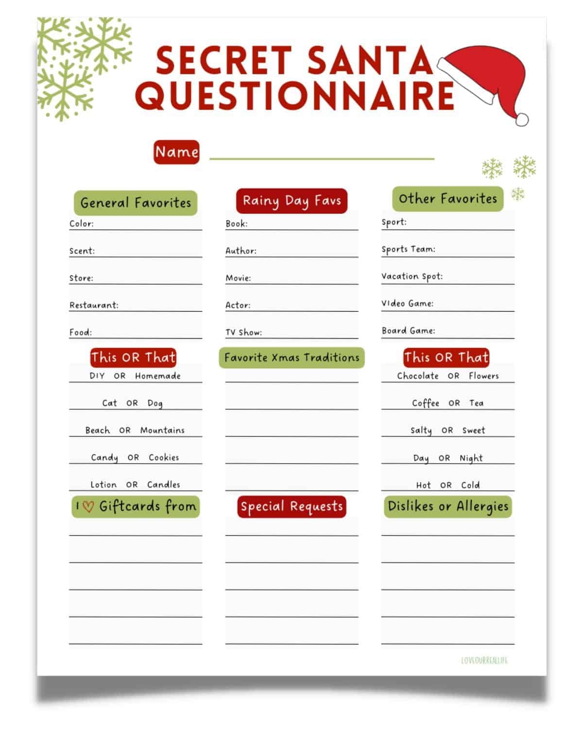 Secret Santa Questionnaire Free Printable Template