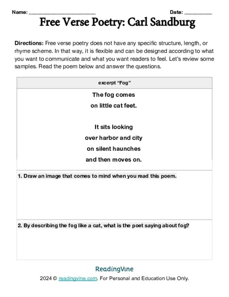 Free Verse Poem Examples And Activities ReadingVine