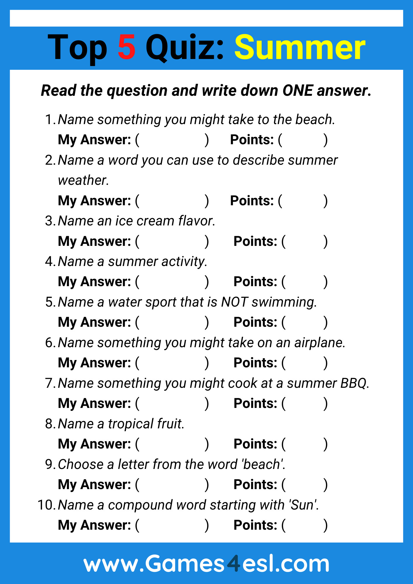 Fun Summer Quiz Top Five Answers Games4esl