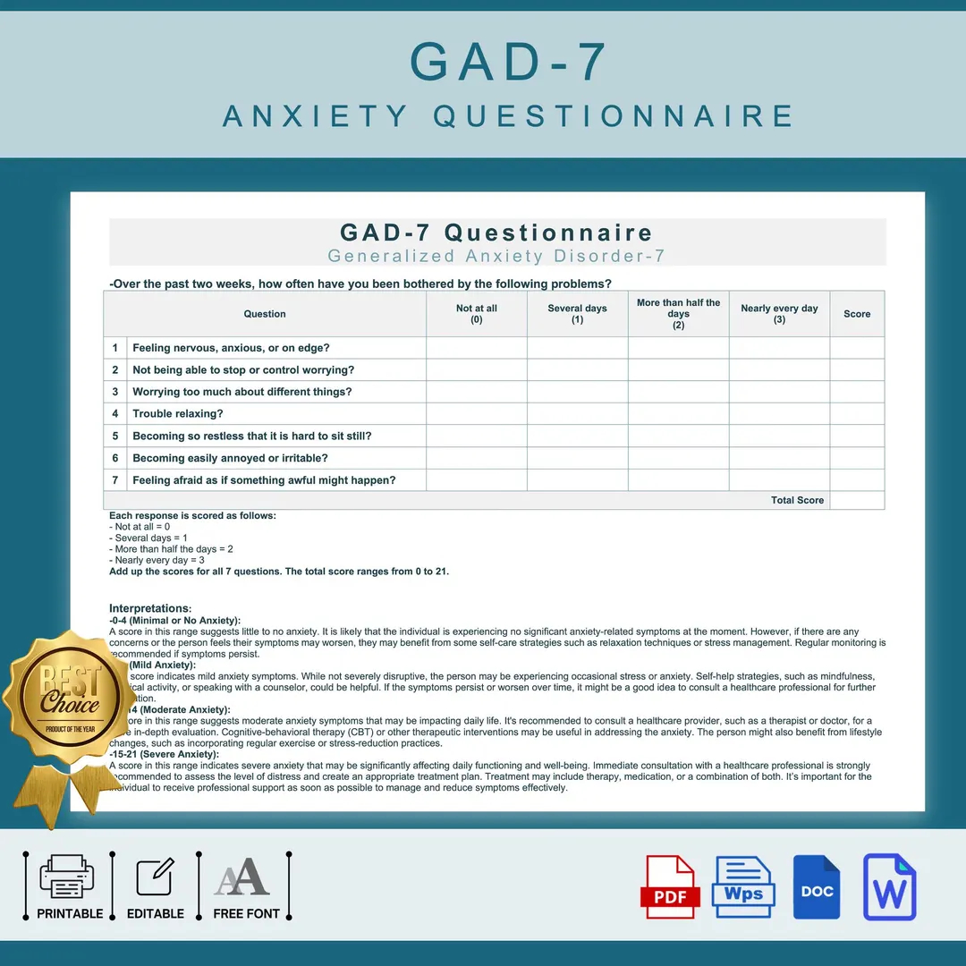 GAD 7 Anxiety Questionnaire Generalized Anxiety Disorder Screening Tool Anxiety Self assessment Printable Mental Health Assessment Etsy