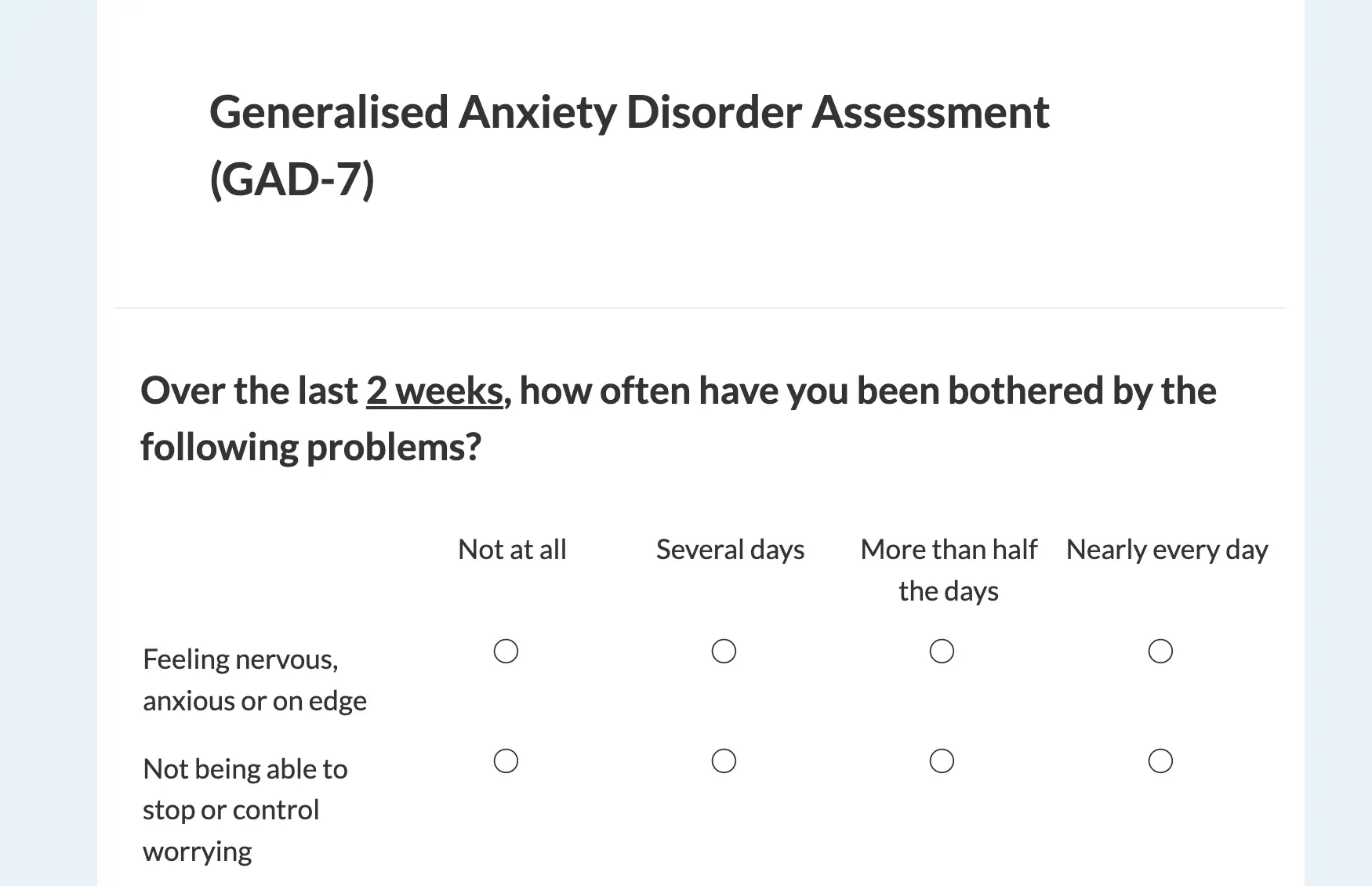 Generalized Anxiety Disorder Scale 7 GAD 7 Online Research
