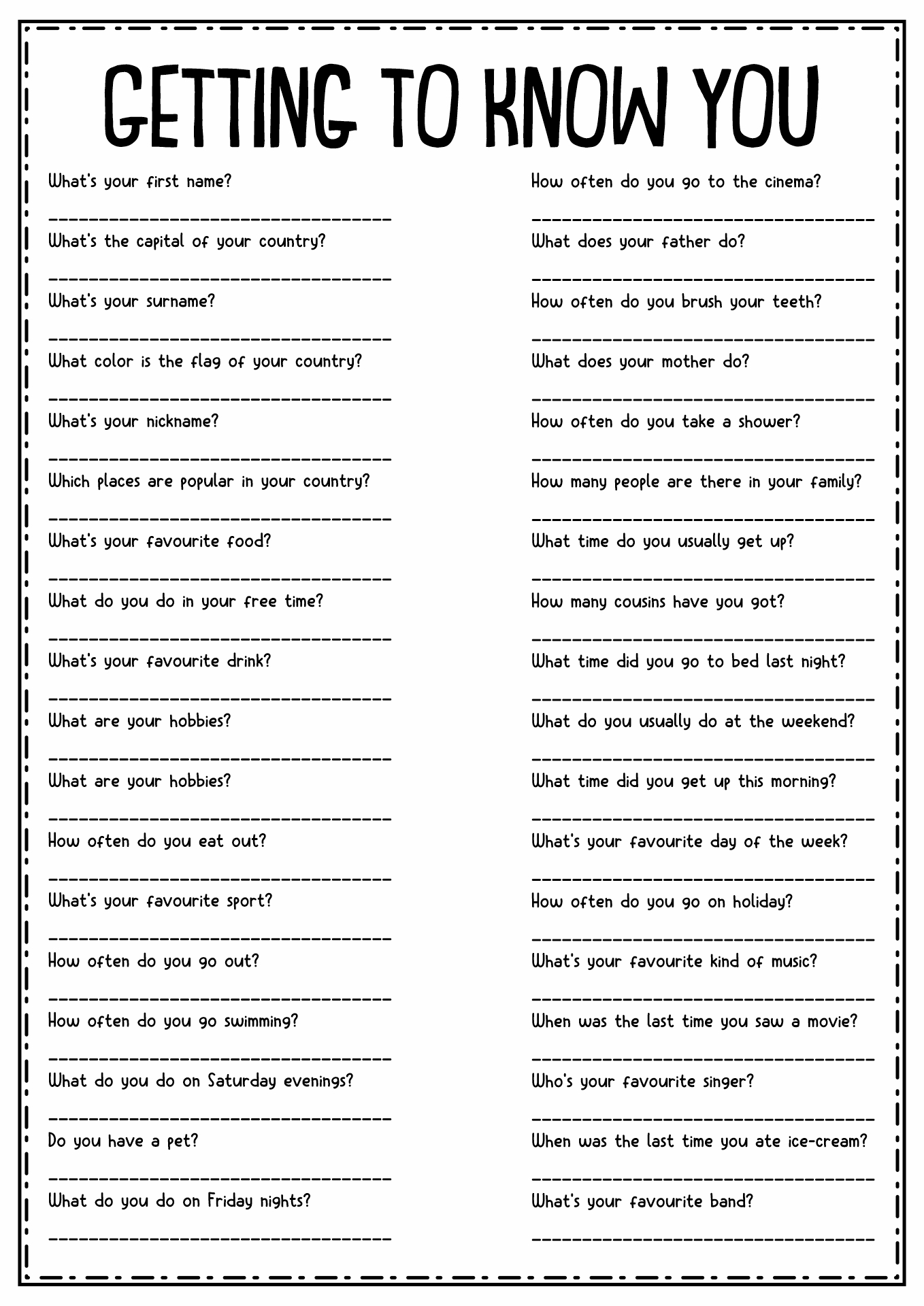 Questions to Ask Kids Getting to Know One Another Printable