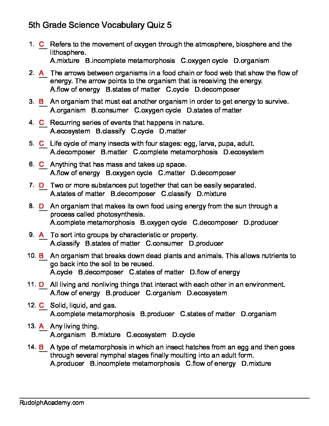 Grade 5 Science Terms Quiz 5 Answers Knowledge Crosses FREE Worksheets Library