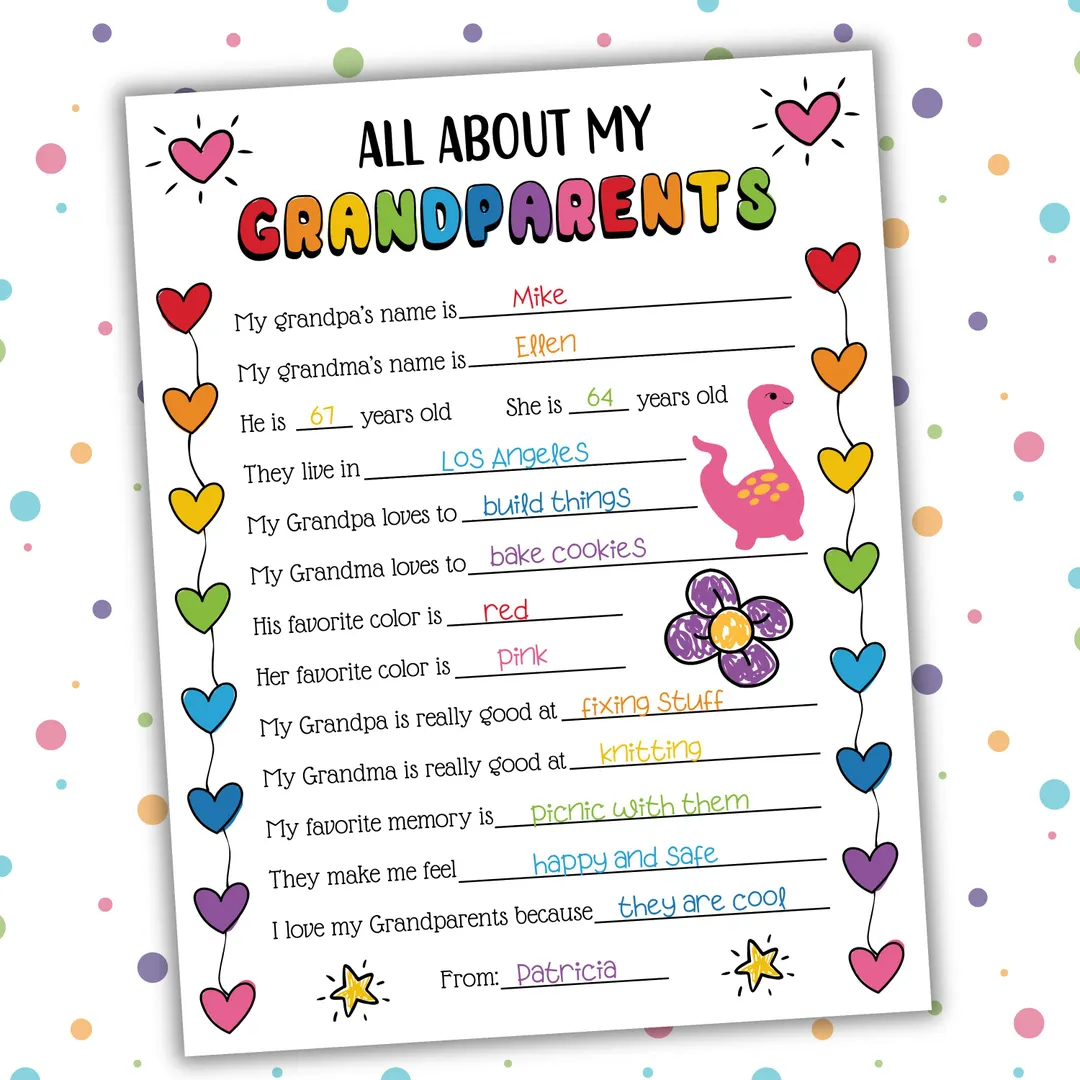 Grandparents Day Questionnaire All About My Grandparents Worksheet Kids Keepsake Printable PDF Grandma Grandpa Gift Activity Etsy