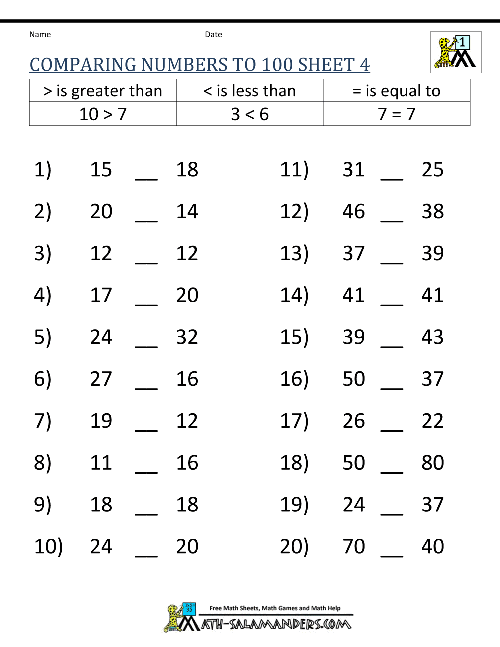 Greater Than Less Than Worksheet Comparing Numbers To 100