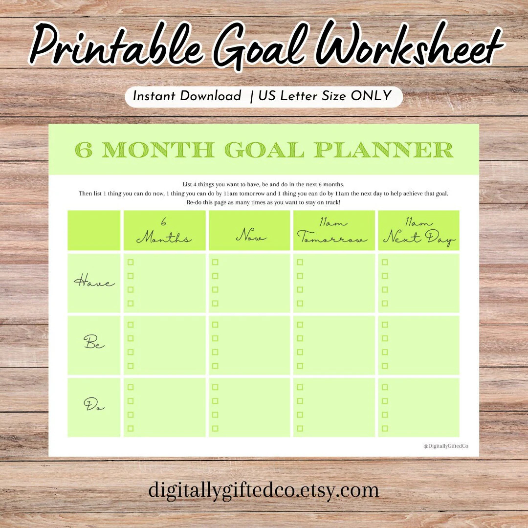 GREEN 6 Month Goals Printable Worksheet Goal Setting Tracker Planner Page Self Improvement Manifestation PDF GREEN Only Single Page Etsy