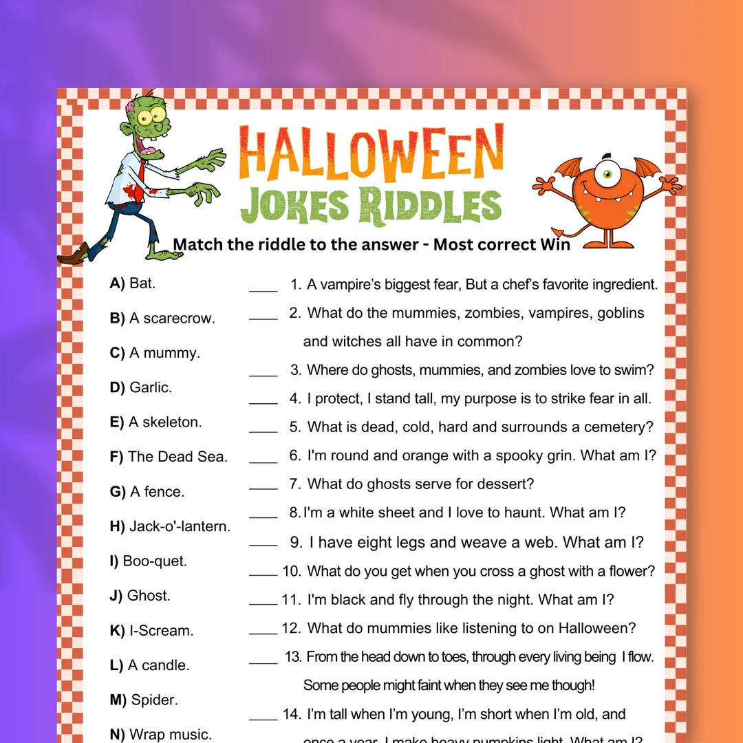 Halloween Riddles Game For Kids Printable Halloween Party Game Funny Halloween Jokes Riddles Easy Halloween Brain Teaser With Answer Etsy