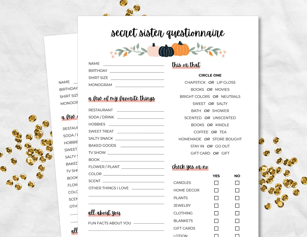 Halloween Secret Sister Questionnaire Fall Gift Exchange Survey And Favorite Things Quiz Secret Sister Printable All About Me PDF Etsy