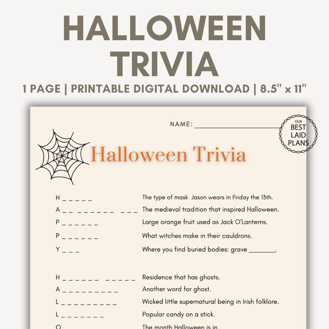 Halloween Trivia Questions With Answers Game Printable Fun Halloween Trivia Digital Download For Kids Adults Halloween Activity Sheets Etsy