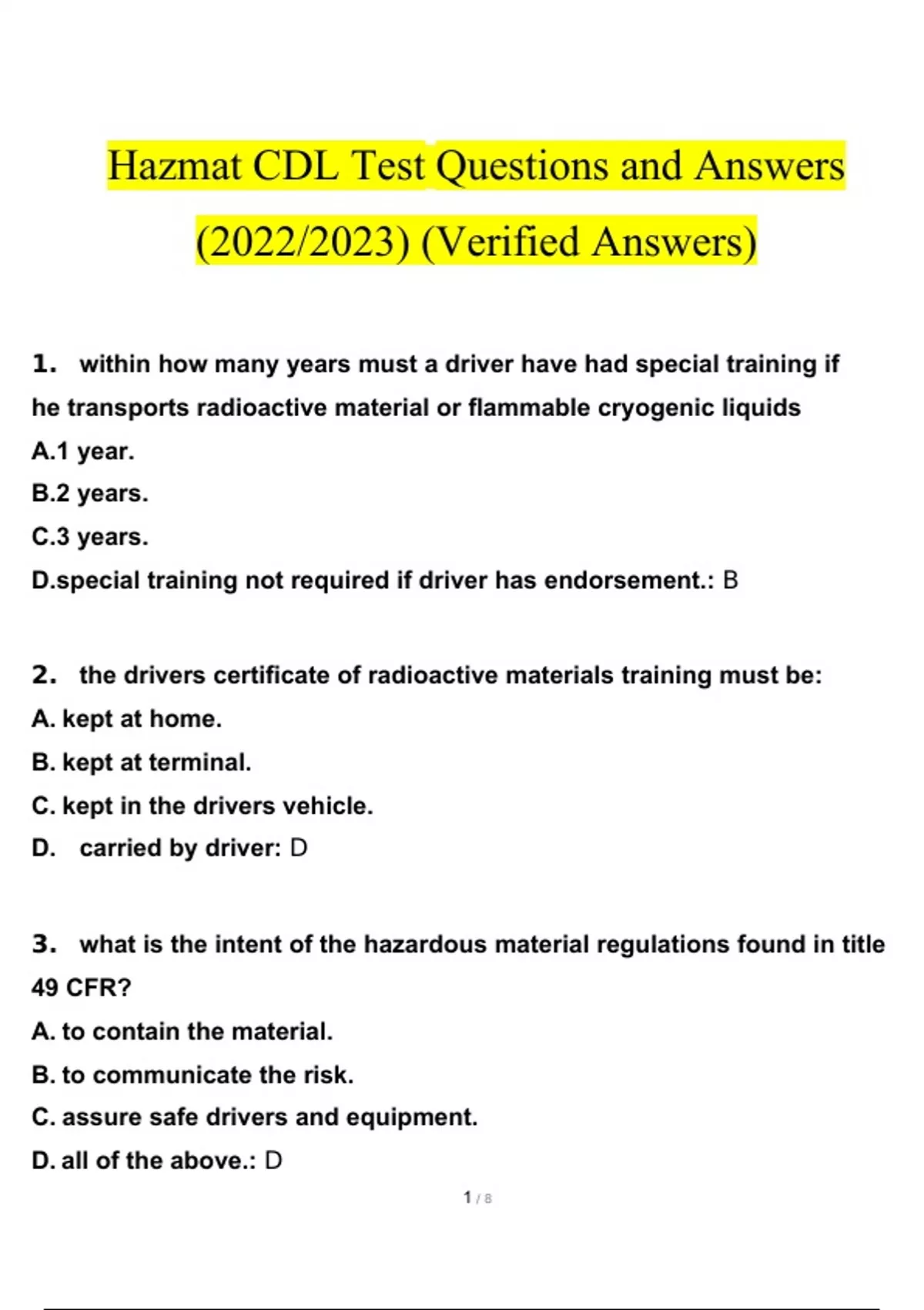 Hazmat CDL Test Questions And Answers Latest 100 Correct Answers Hazmat Stuvia US