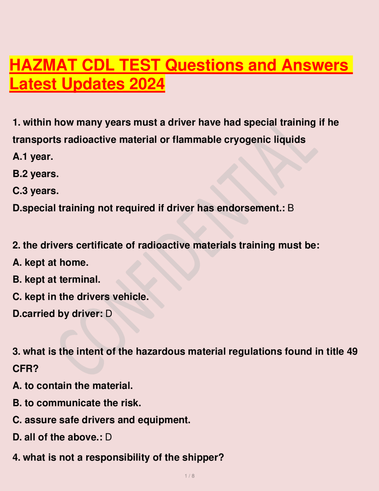 HAZMAT CDL TEST Questions And Answers Latest Updates 2024 pdf Exams Nursing Docsity