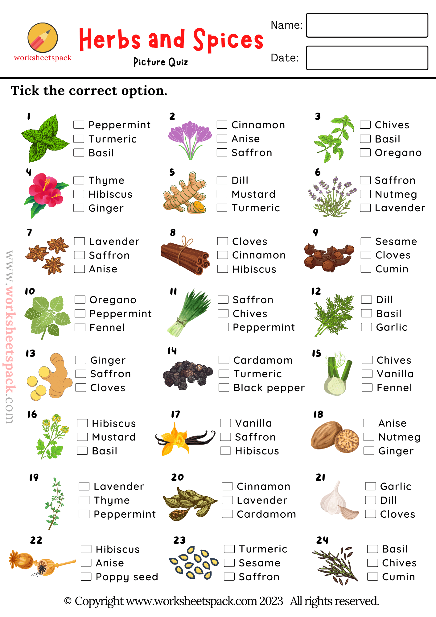 Herbs And Spices Quiz For ESL Kids Worksheetspack
