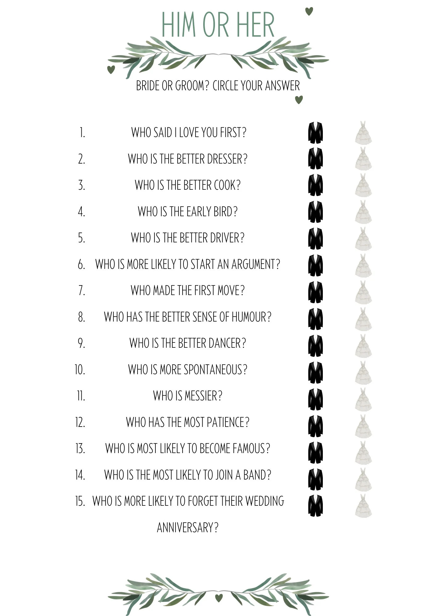 Him Or Her Game How Well Do You Know The Bride Groom Wedding hen Party bachelorette Game Printable Sage Green Editable With Canva Etsy