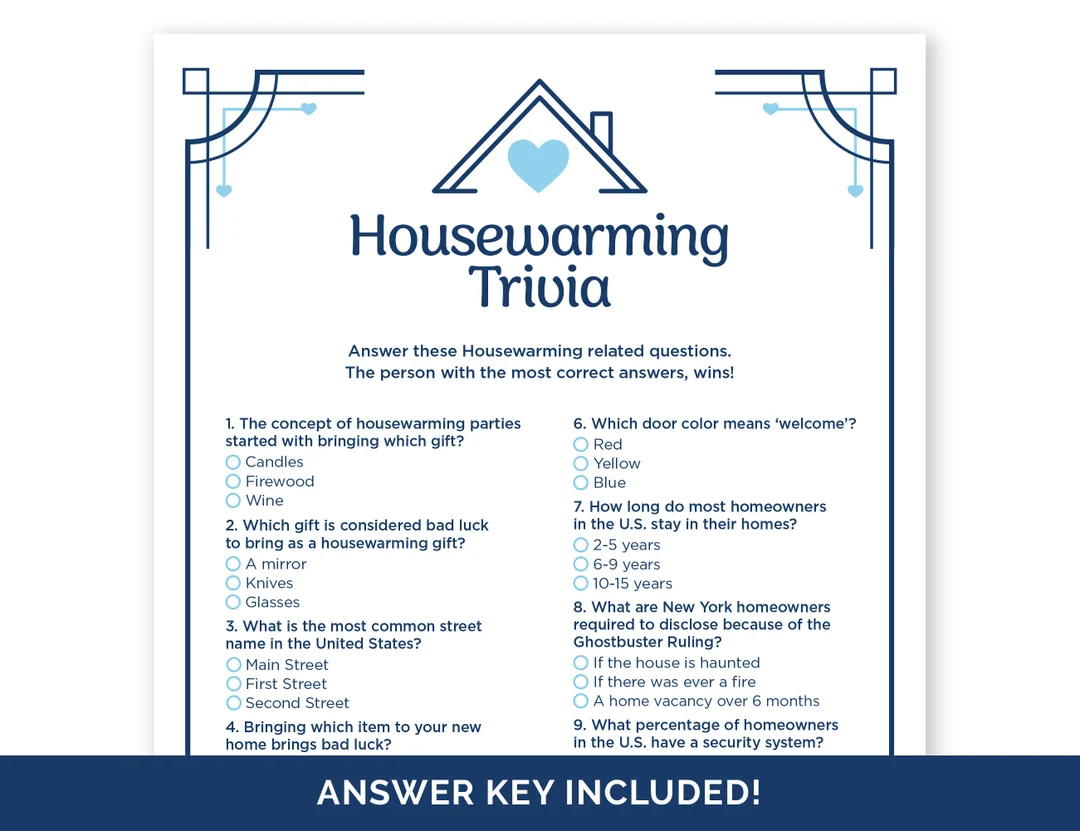 Housewarming Trivia Game Printable Housewarming Quiz Housewarming Trivia Questions With Answers New Home Game For A Housewarming Party Etsy