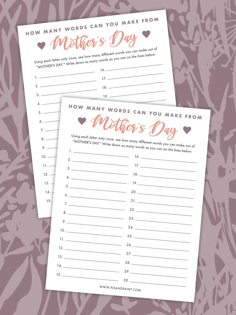 Printable 20 Questions for Mother's Day