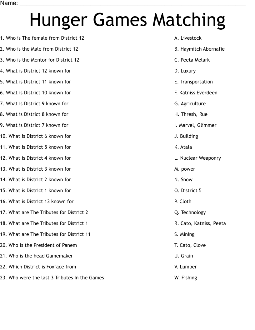 Hunger Games Matching Worksheet WordMint