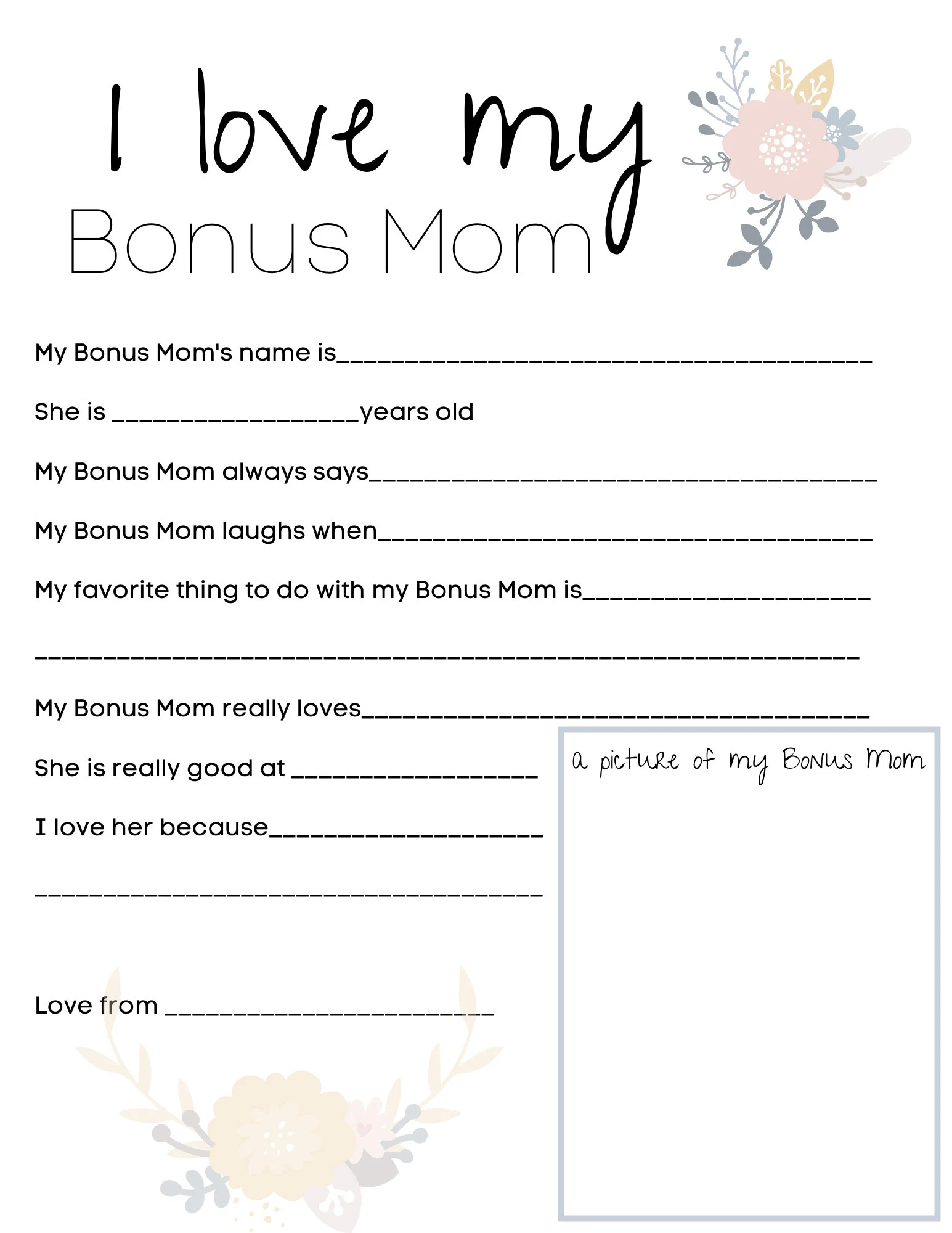 I Love My Bonus Mom Mother s Day Questionnaire Survey Questions Fill In The Blanks Printable Gift From Kids Step Mom All About My Etsy