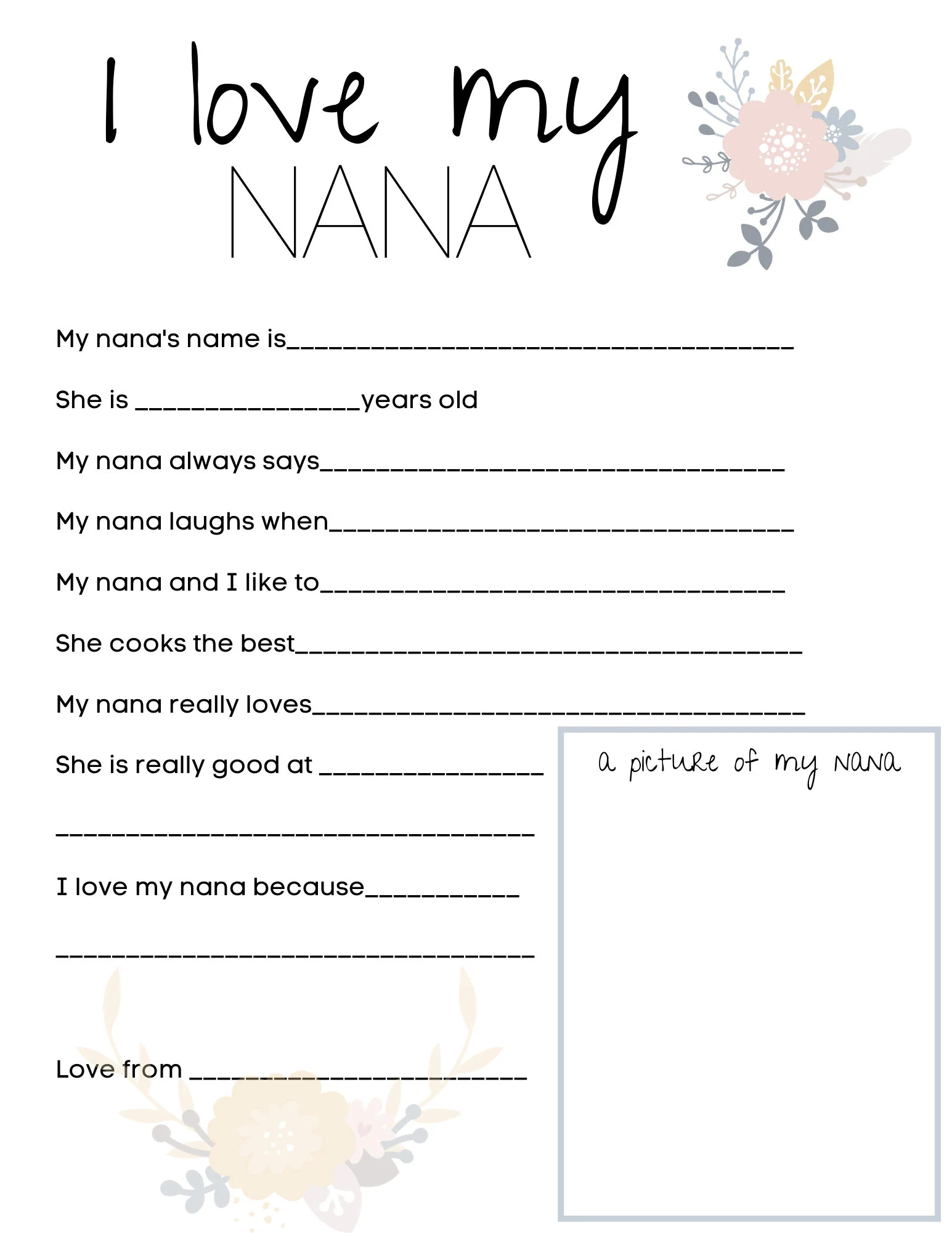 I Love My Nana Mother s Day Questionnaire Survey Questions Fill In The Blanks Printable Gift From Kids All About My Nana Craft Etsy
