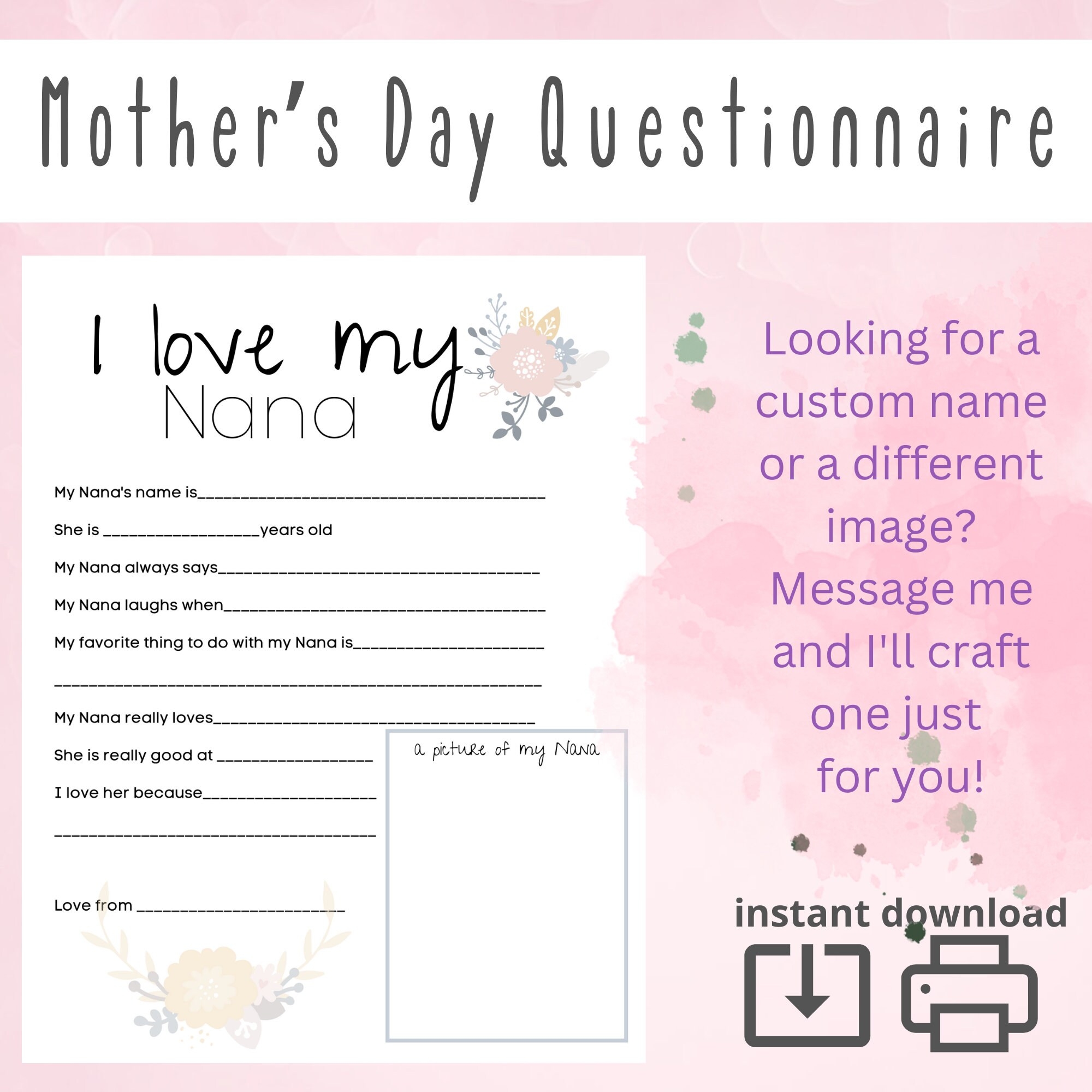 I Love My Nana Mother s Day Questionnaire Survey Questions Fill In The Blanks Printable Gift From Kids All About My Nana Craft Etsy