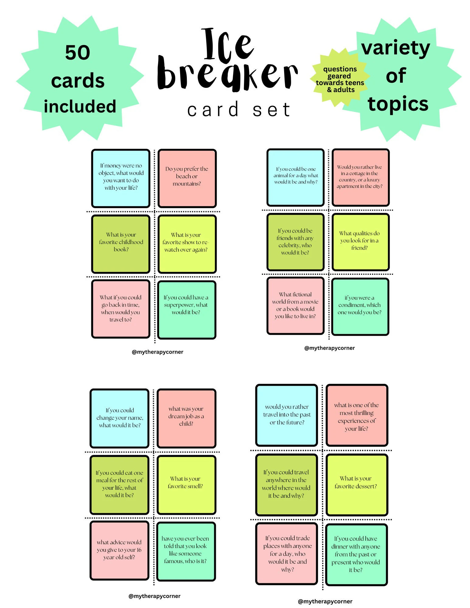 Ice Breaker Question Set Of 50 Cards Group Therapy Tools Fun Activity Break The Ice Therapy Tools Therapy Worksheets Printable Etsy