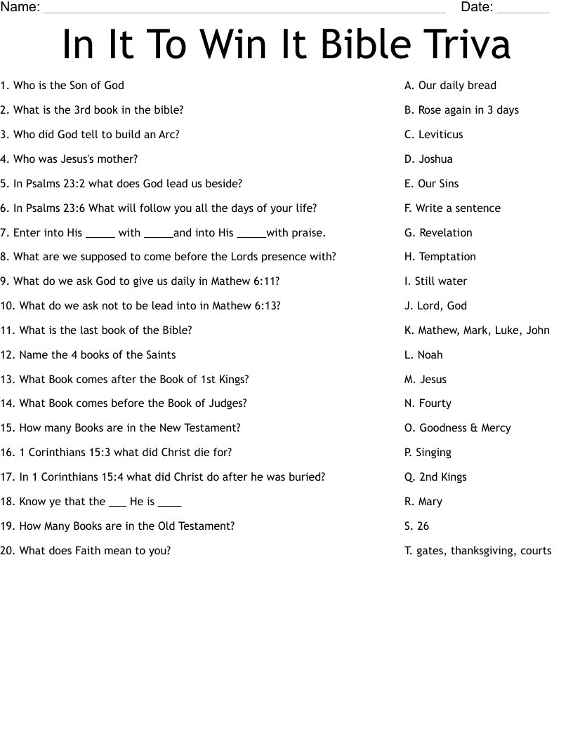 In It To Win It Bible Triva Worksheet WordMint