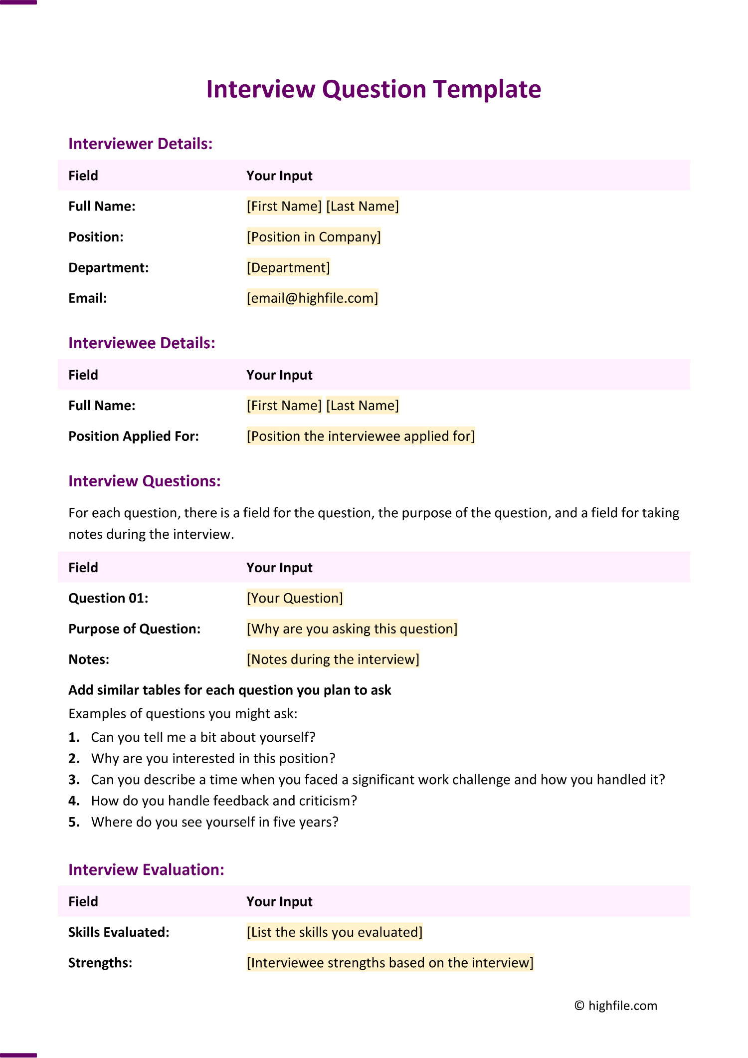 Interview Question Template Word PDF Google Docs Highfile