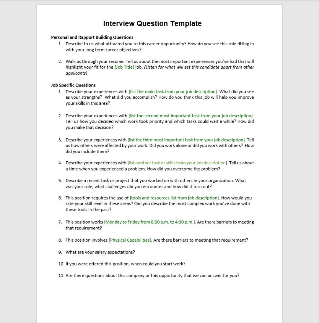 Interview Questions Interview Questions Template Interview Sample Questions Interview Template Simple Template Word Template Etsy