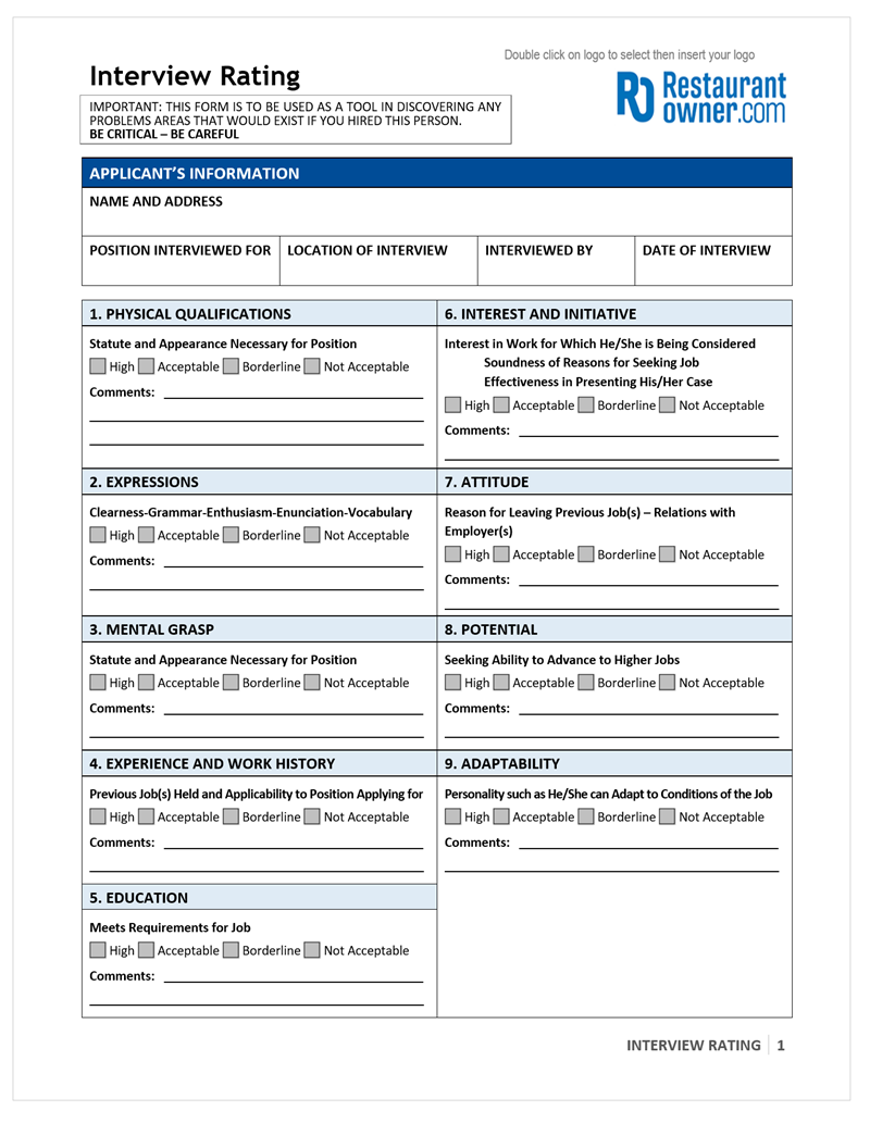 Interview Rating Sheet RestaurantOwner