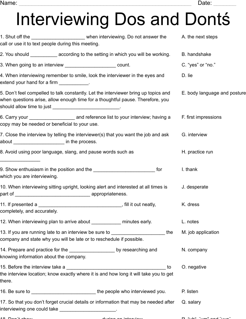 Interviewing Dos And Dont Worksheet WordMint