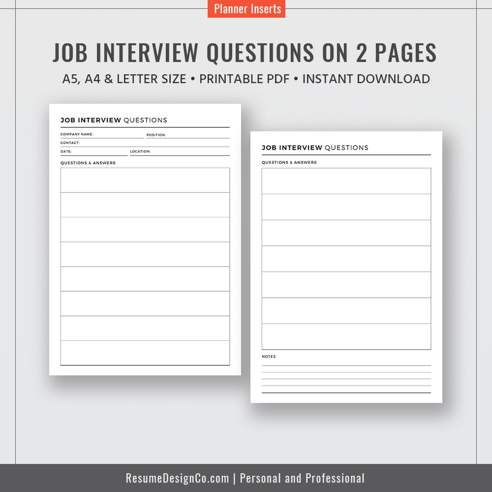 Job Interview Questions Letter Size A4 A5 Filofax A5 Planner Design Planner Inserts Planner Refills Planner Printable Planner Pages Instant Download ResumeDesignCo
