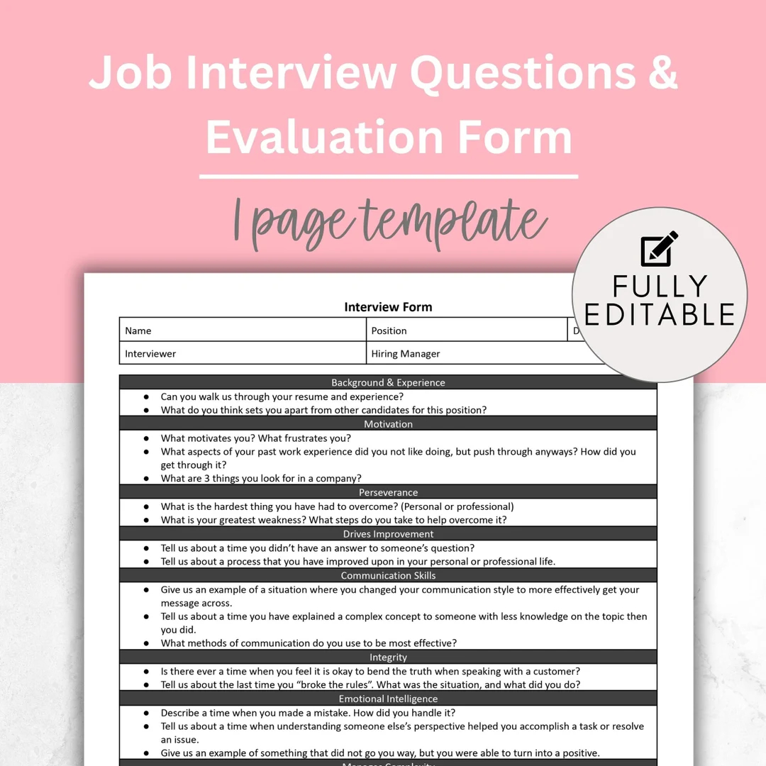 job interview questions template interview prep interview guide employee interview questions interview hiring job interview template hr form etsy