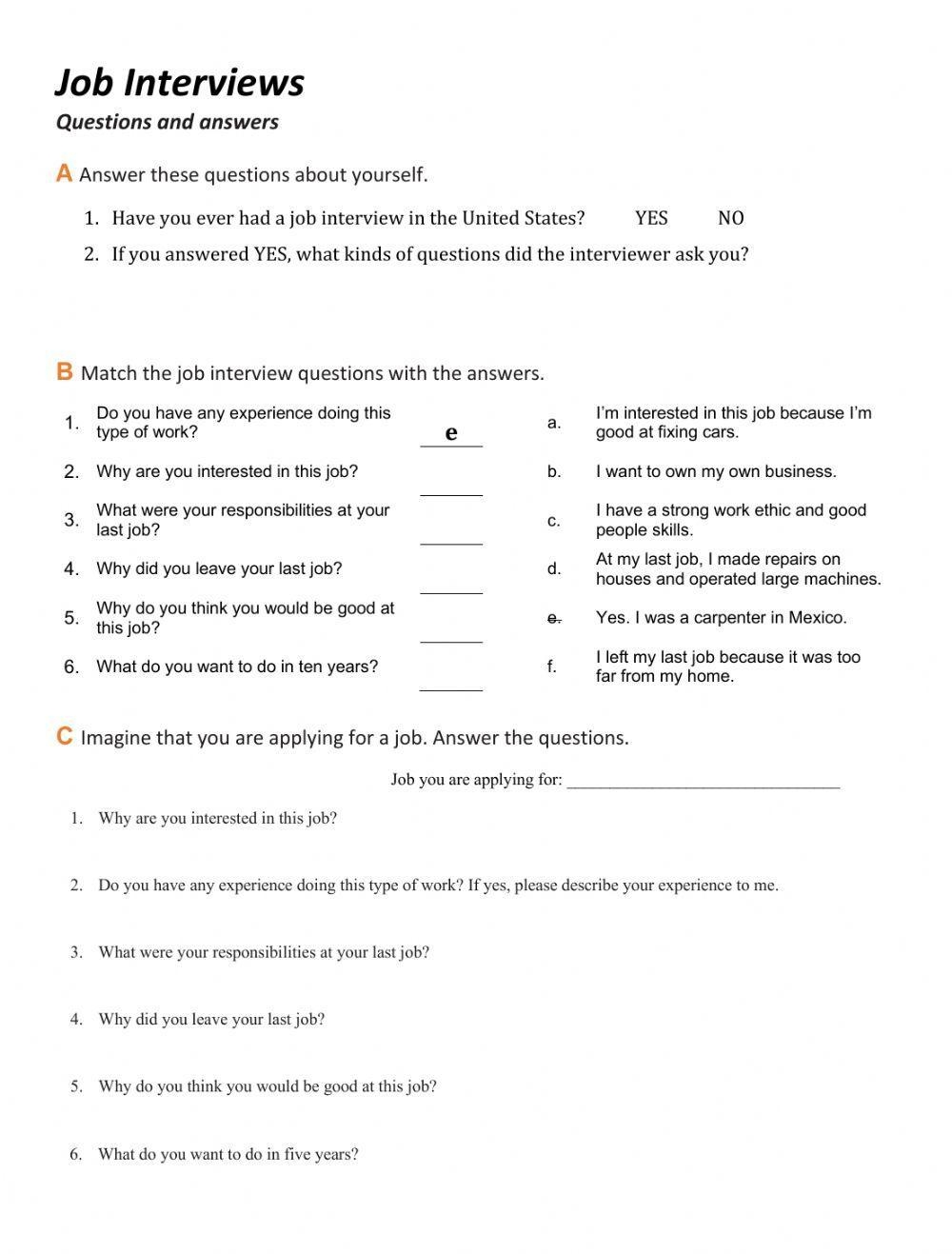 Job Interview Questions Worksheet Live Worksheets Worksheets Library