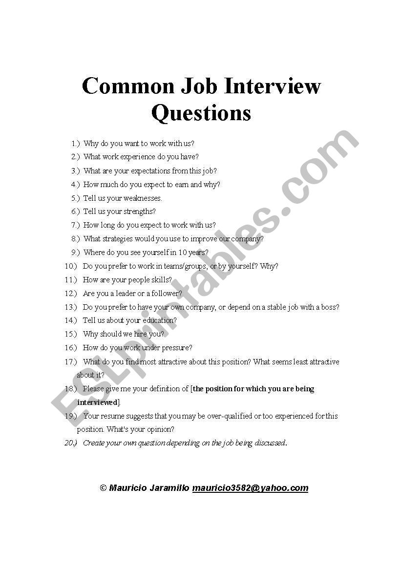 Job Interview Questions Worksheet PDF Worksheets Library