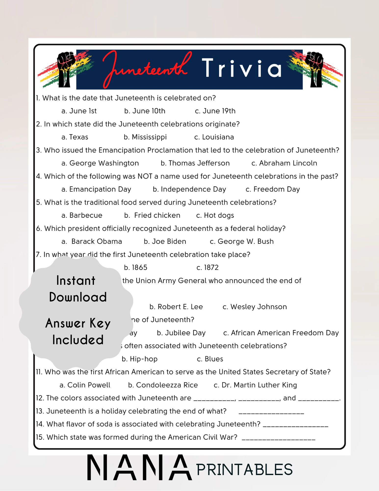 Juneteenth Quiz Questions and Answers Printable