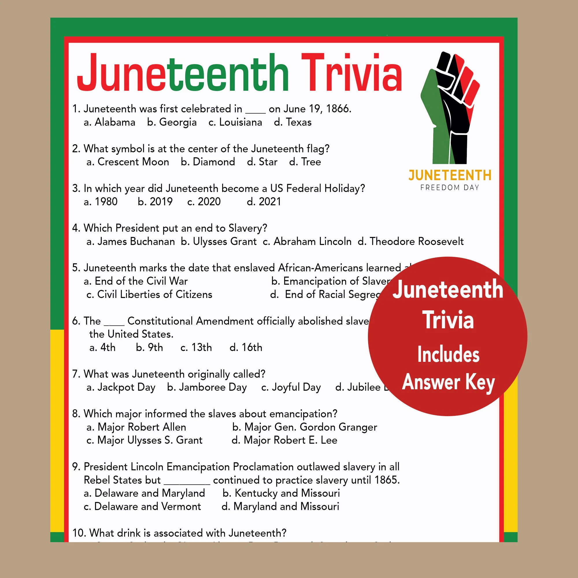 Juneteenth Trivia Game Juneteenth Quiz African American History Quiz Seniors Game Youth Group Game Instant Download Etsy