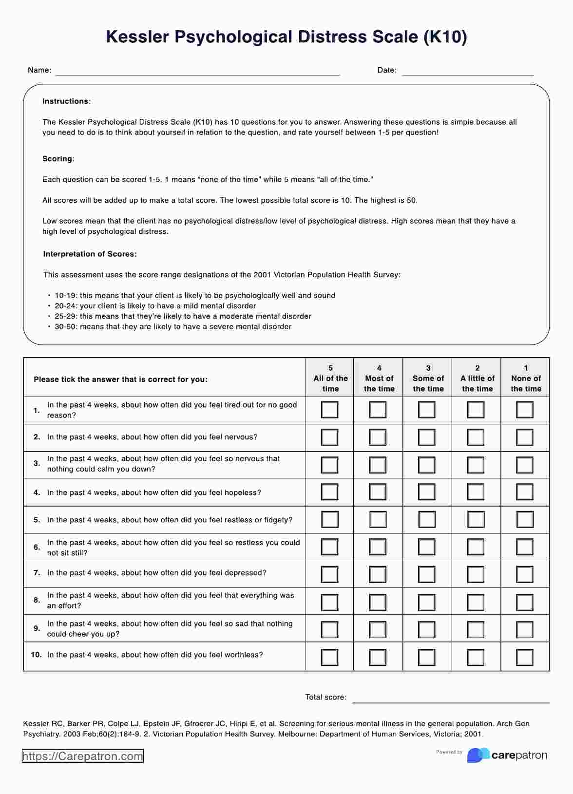 Kessler Psychological Distress Scale K10 