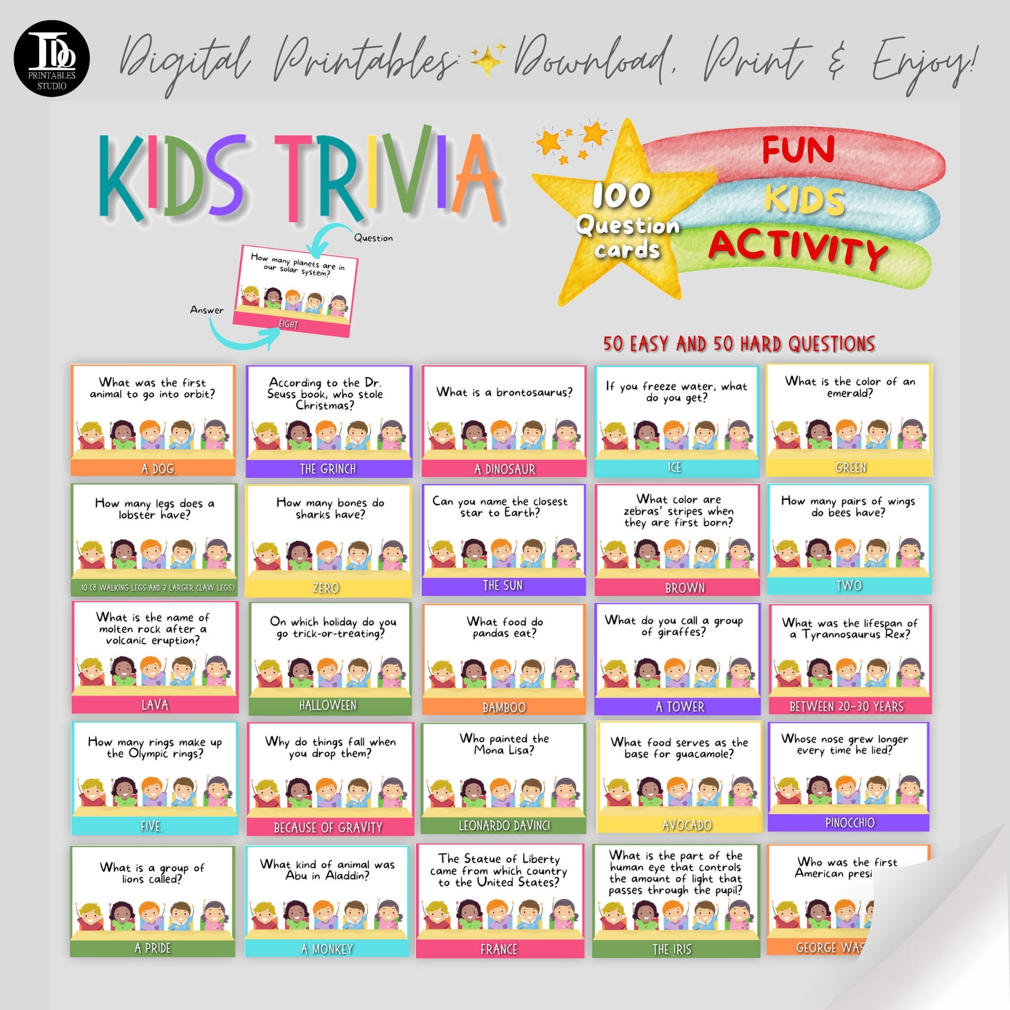 Kid s Trivia Question Cards Birthday Activity Class Games Kids Quiz Kid s Sleepover Activity Printable Fun Trivia Question Cards Etsy