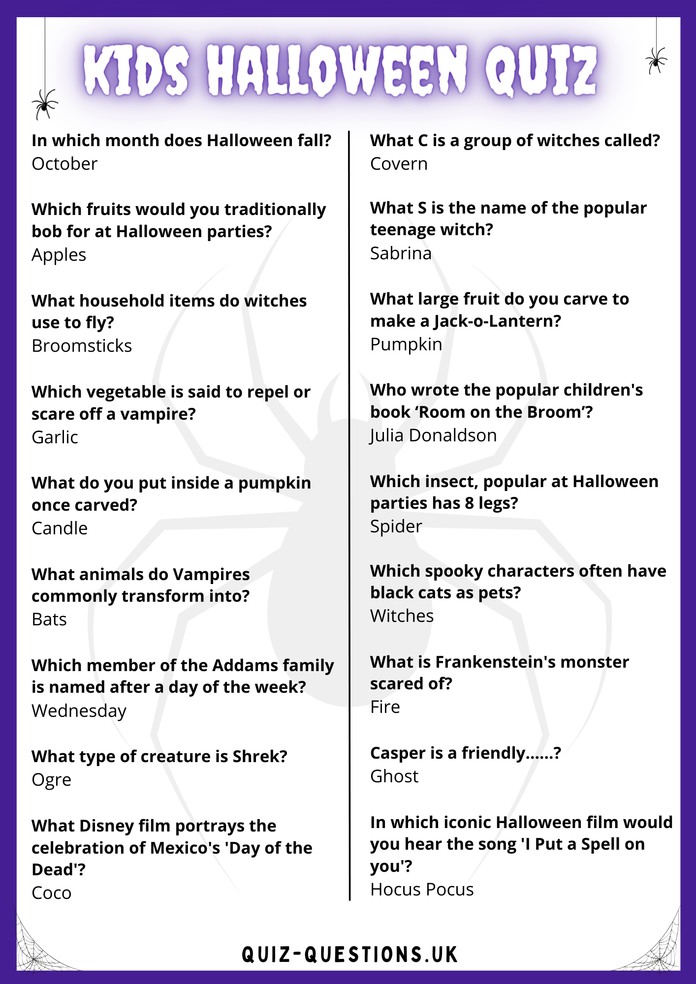 Kids Quiz Questions and Answers UK Printable