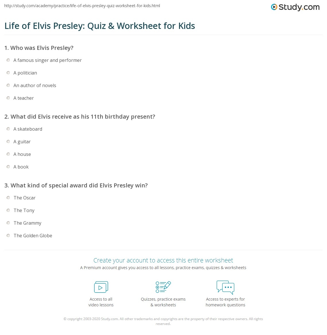 Life Of Elvis Presley Quiz Worksheet For Kids Study