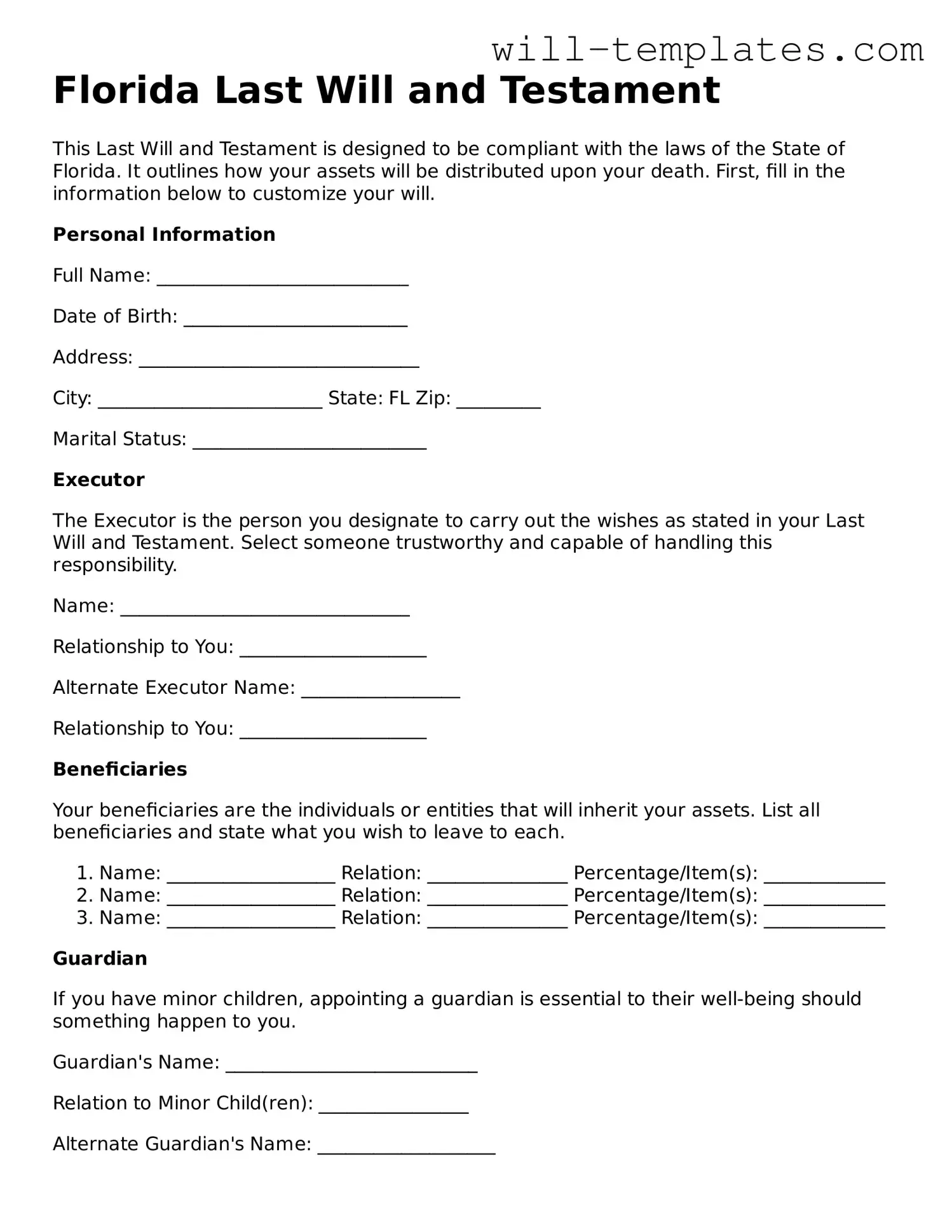 Make Your Florida Last Will And Testament Using Our Free Form