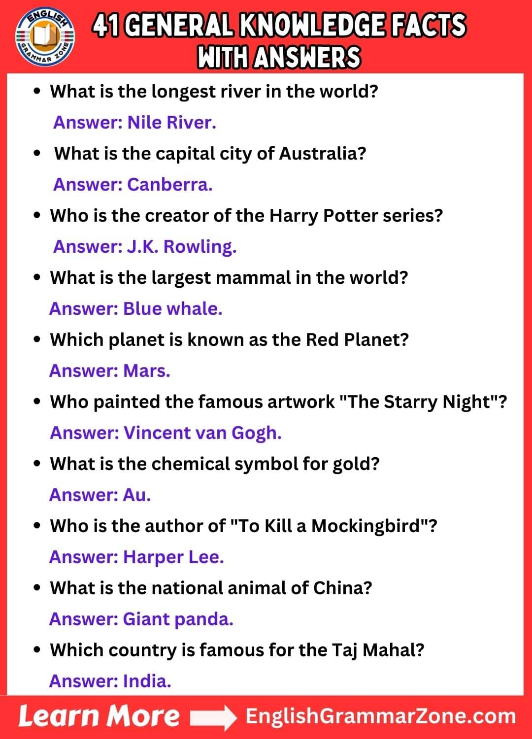 100 General Knowledge Questions and Answers Printable