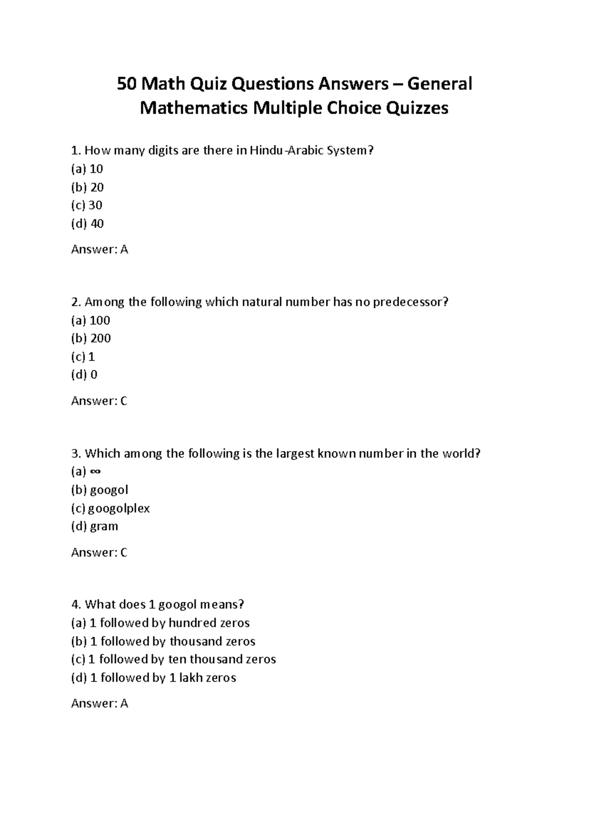 MATH QUIZ AND Answers 50 Math Quiz Questions Answers General Mathematics Multiple Choice Quizzes Studocu