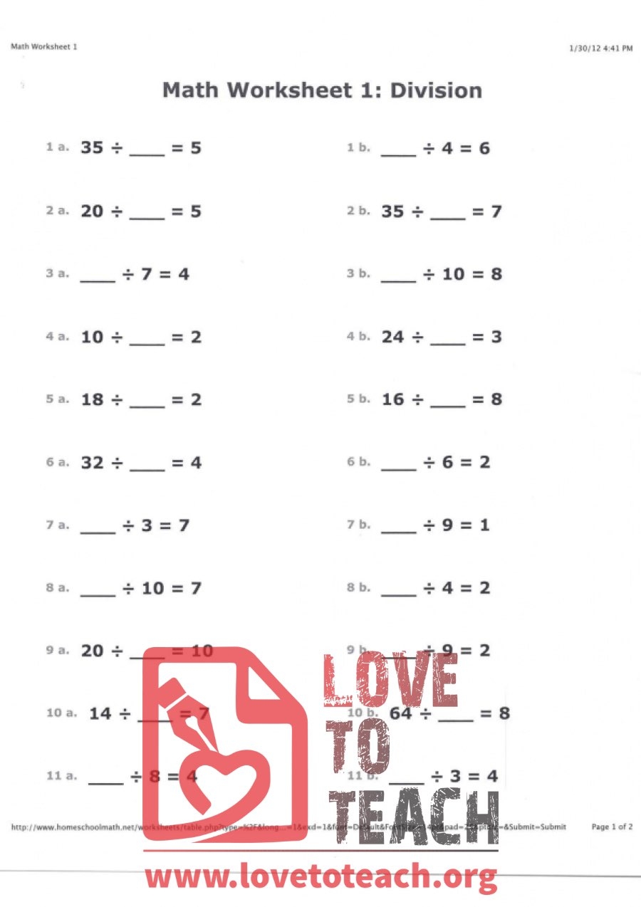 Math Worksheet 1 Division with Answer Key LoveToTeach Worksheets Library