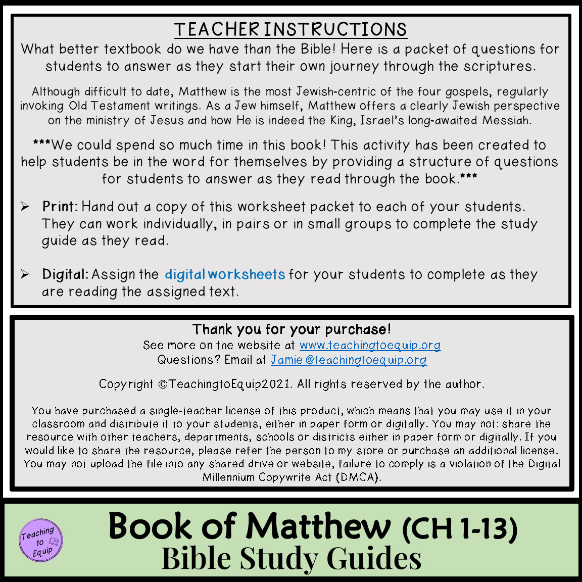 Matthew Bible Study Study Questions CH 1 13 Worksheet Packet Classful