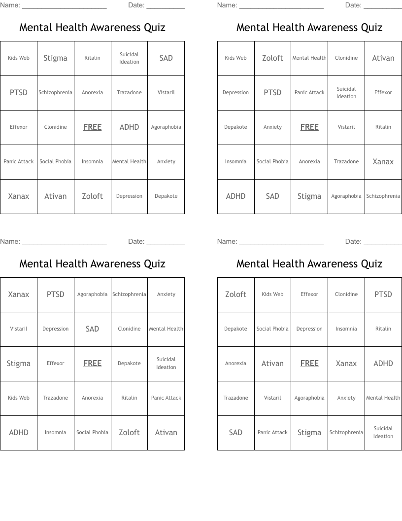 Mental Health Awareness Quiz Bingo Cards WordMint