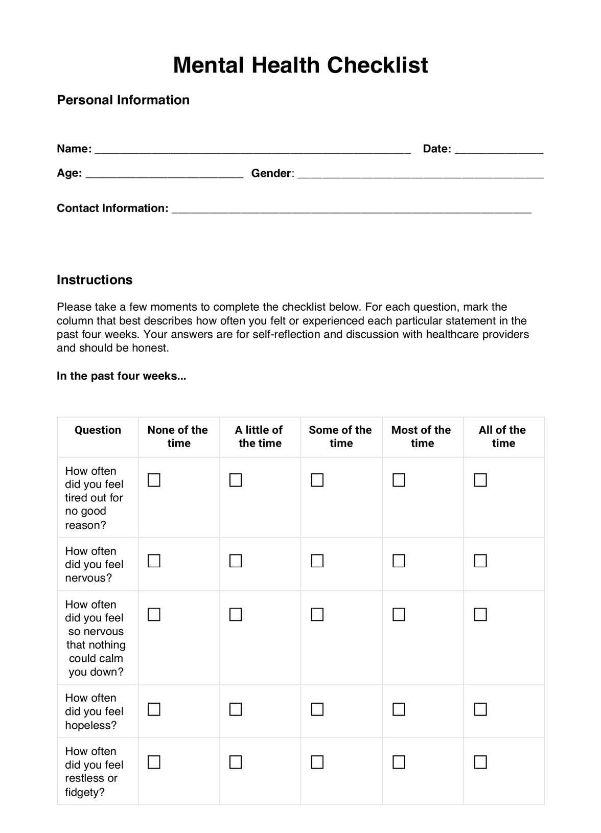 Mental Health Questionnaire Printable
