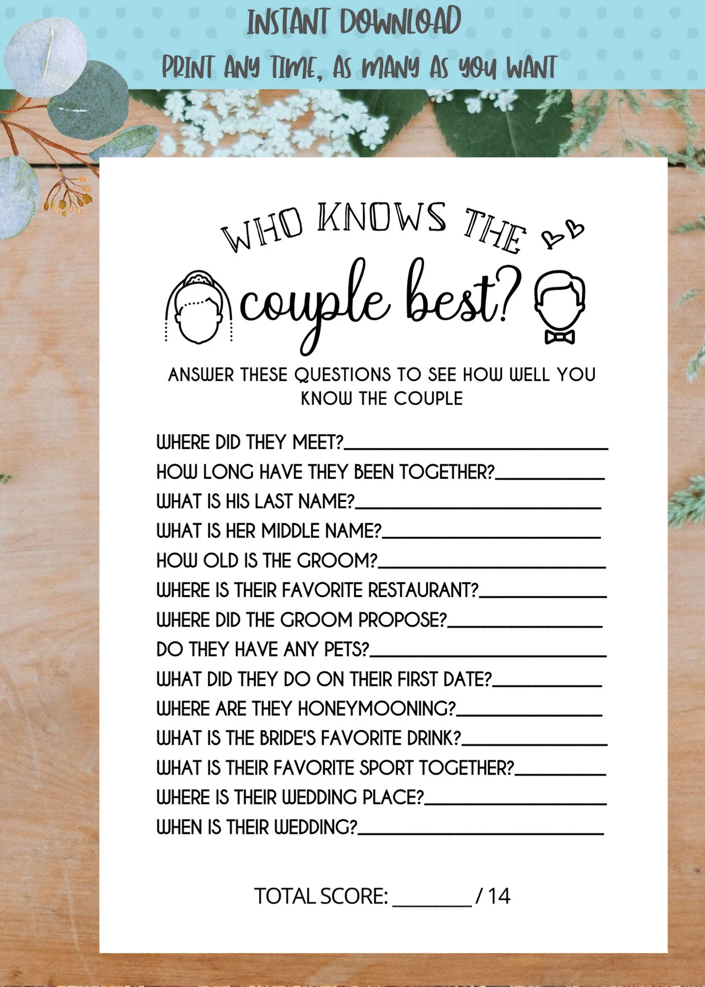 Minimalist Bridal Shower Who Knows The Couple Best Printable Game Fun Interactive Bride To Be Game Bachelorette Party Game Digital File Etsy