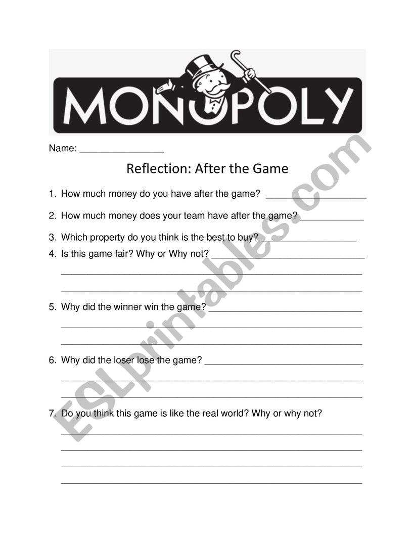 Monopoly Game Reflections ESL Worksheet By Shardeo