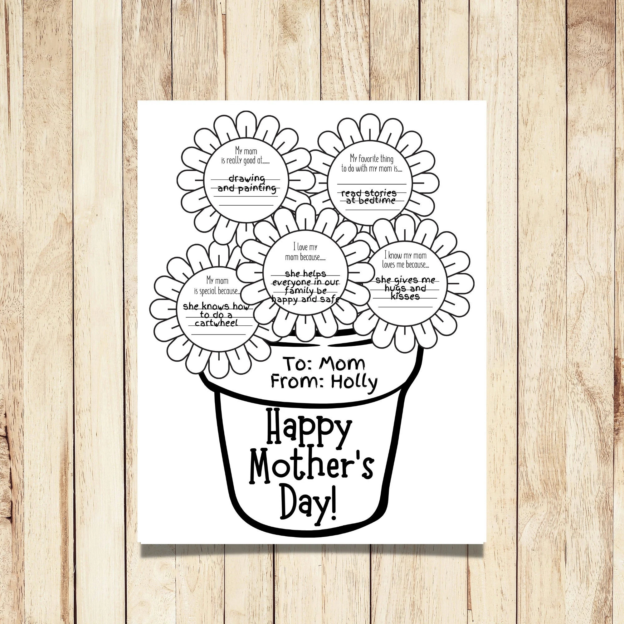 mother s day flower questionnaire kid s worksheet with questions about mom gift for mom black and white keepsake flowers etsy