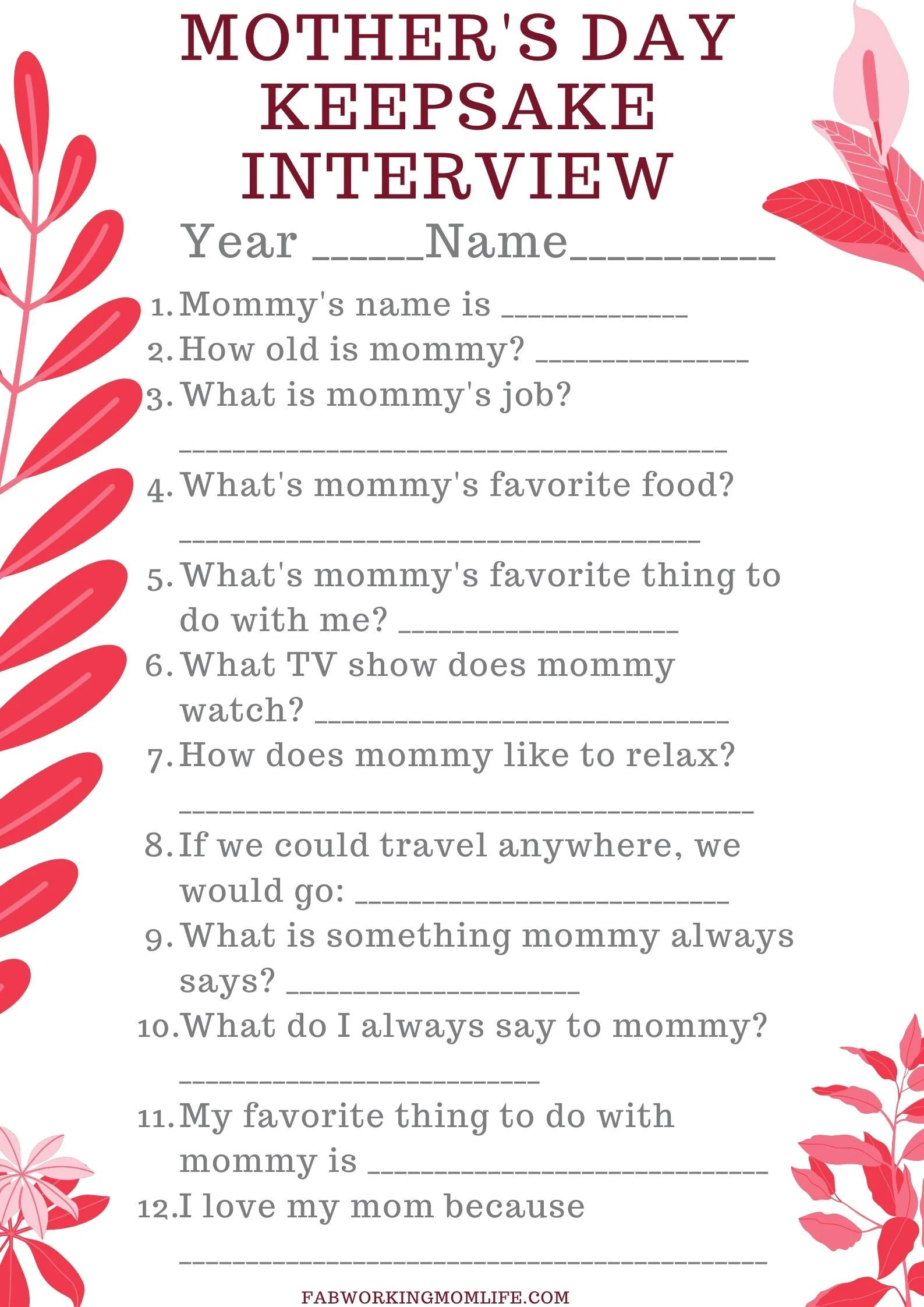 Mother s Day Keepsake Interview Printable About My Mom Interview Questions Etsy
